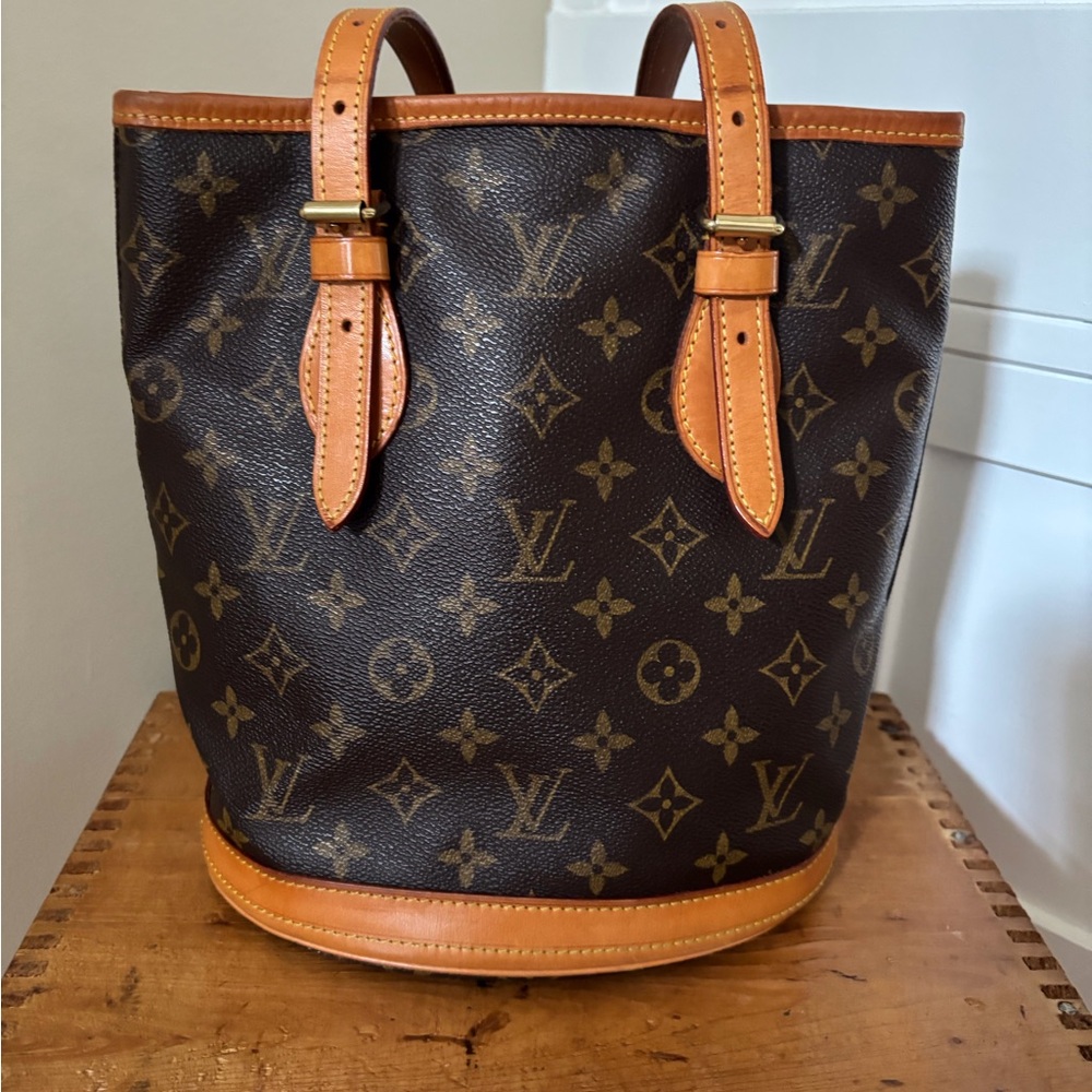 SOLD-   Louis Vuitton Bucket Handbag with Monogram Canvas and Leather Trim